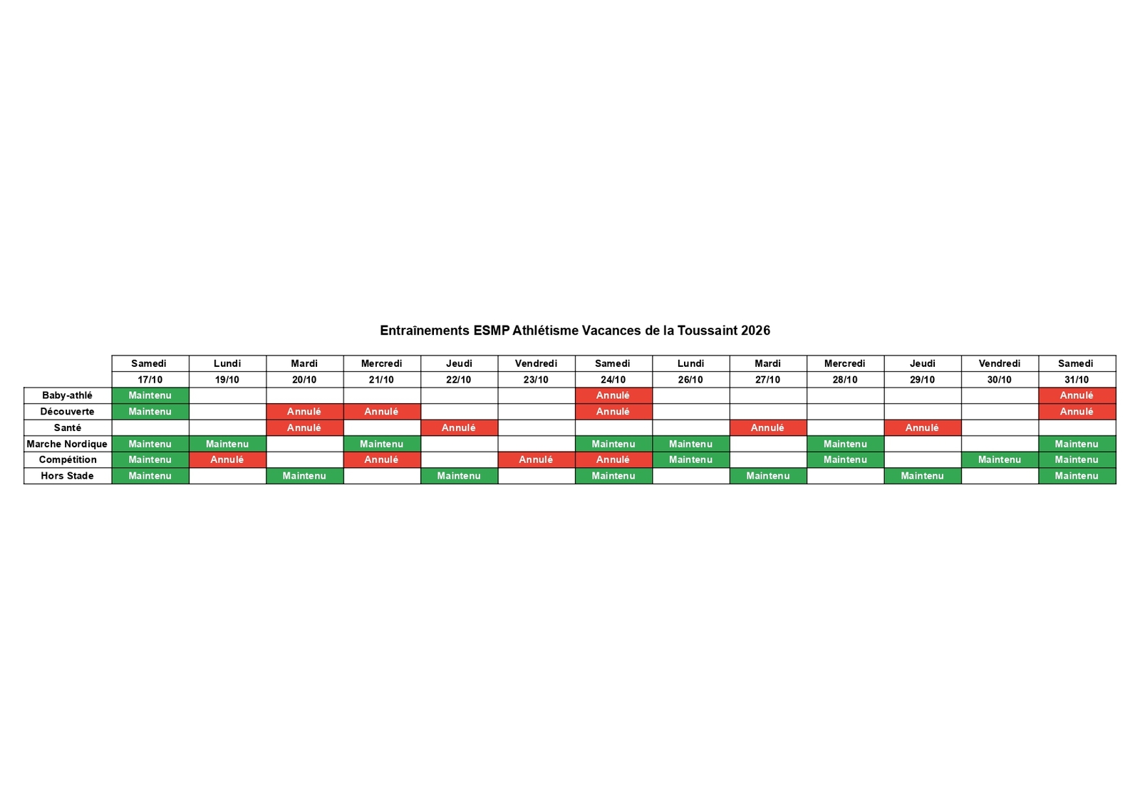 Planning vacances de la Toussaint 2026